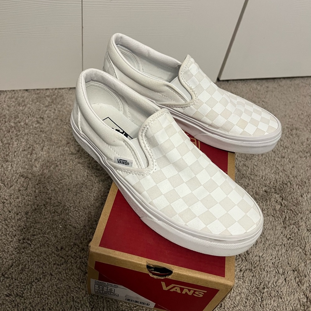 Vans Women’s White Checkered Slip-On Sneakers